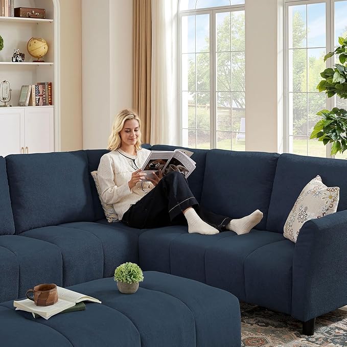 103" Convertible Sectional Sofa with Long Ottoman, Modern Upholstered Fabric L-Shaped Couch with Back Cushions, 6 Seat Sofa Couches for Living Room, Apartment, Office, Blue