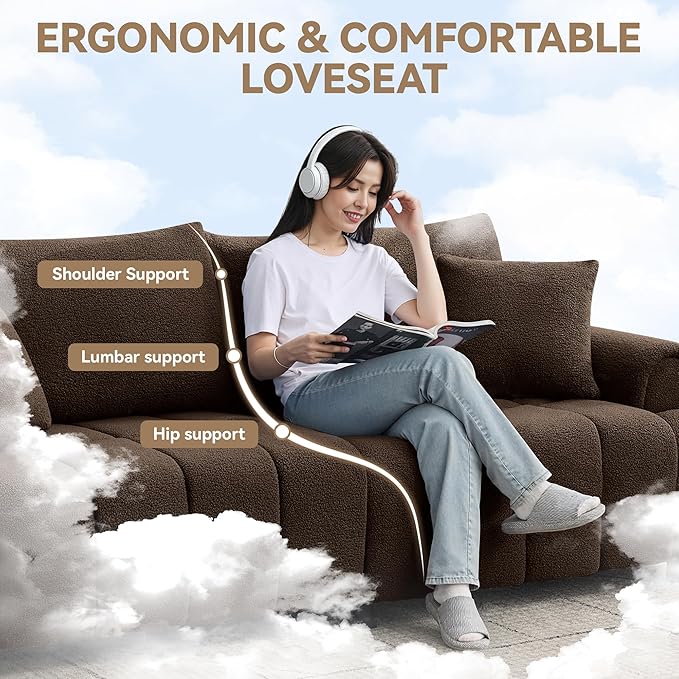 88 "Modern Boucle Sofa Couch, Oversized Comfy 3 Seater Sherpa Curved Sofas Deep Seat, Upholstered Loveseat Teddy Round Arm Couches for Living Room, Bedroom, Brown