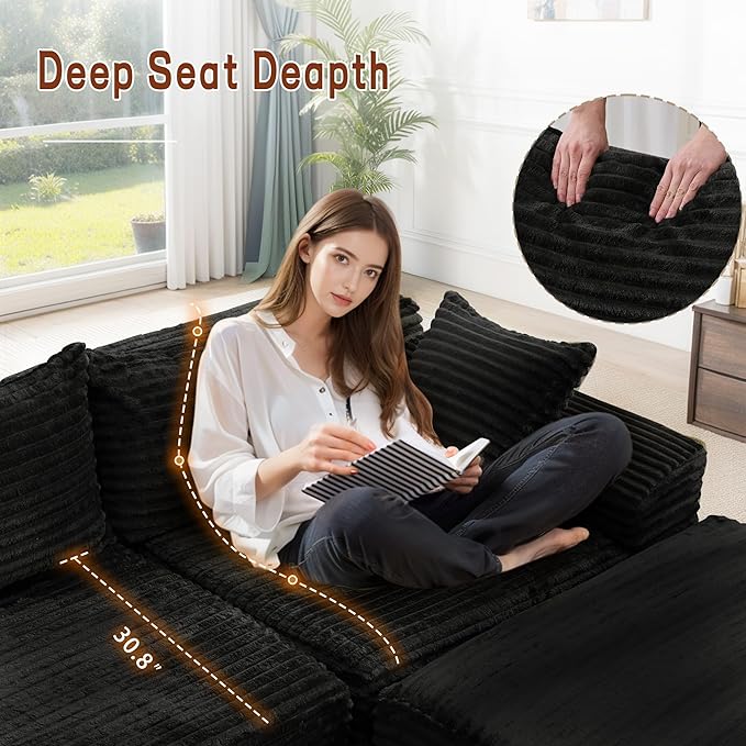110" L-Shaped Modular Sectional Sofa with Chaise, Boneless Comfy Corduroy Fluffy Couch with Deep Seat and Side Pockets, Flexible Module Combination for Living Room, No Assembly, Side Pockets