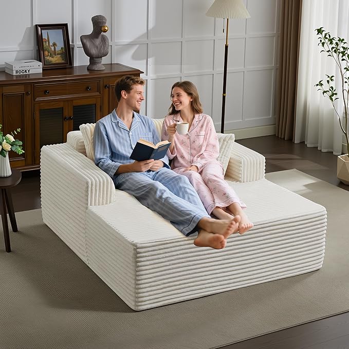 Oversized Chaise Lounge Chair Indoor 61" D x 54" W 2‑Person Comfy Cloud Boneless Couch Corduroy Foam No Assembly Required Sofa Bed with 4 Pillows & Armrests for Living Room & Bedroom