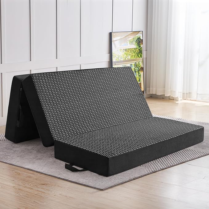 CYMULA Folding Mattress Full Size, 6 inch Memory Foam Tri Portable Murphy Bed and Futon, Full Topper with Breathable & Washable Cover, Foldable Floor Mattress for RV，Guest Beds，Black (52"×73"×6")