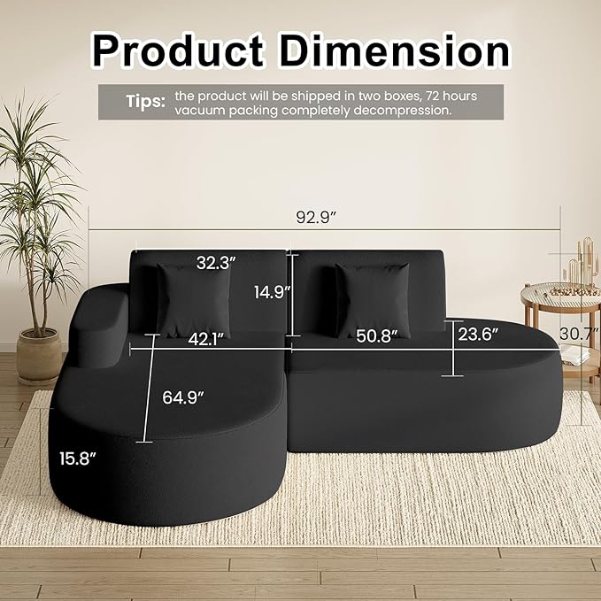 MELLCOM Modern Curved Boneless Sofa Couch, L-Shaped Corner Sofa, No Assembly Needed, Chenille Upholstered Cloud Sectional Couch for Living Room, Bedroom and Apartment (Black, Left Hand Facing)