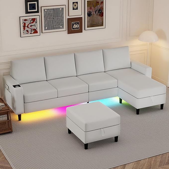 U Shaped Sectional Couches for Living Room, 109" Linen Cloud Couch with Chaise Lounge/Storage Ottoman, 4 Seat Sectional Sofa with Smart Module-Wireless Charging/USB/Type-C/RGB Lights (White)