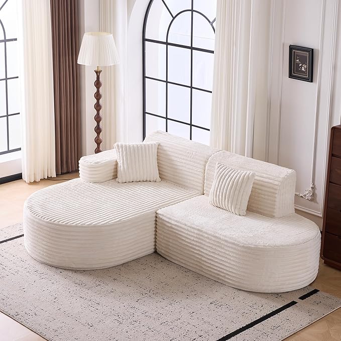 Modern Curved Boneless Sofa Couch, L-Shaped Corner Sofa, Corduroy Upholstered Cloud Sectional Couch for Living Room, Bedroom and Apartment,No Assembly Needed(Beige, Left Hand Facing)