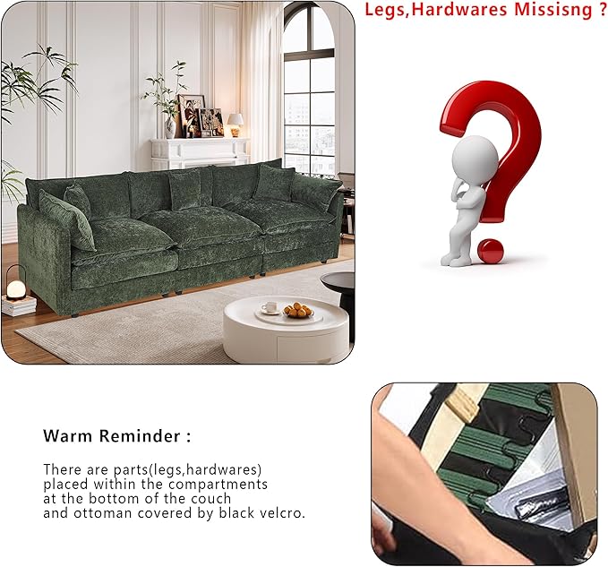 Setawix Chenille Cloud Couches for Living Room,3 Seater Cloud Sofa Couch with Deep Seat,112.2" Roomy Cloud Sofas,Modular Sectional 3 Seat Sofa with Pillows for Bedroom (Green, 3 Seater)