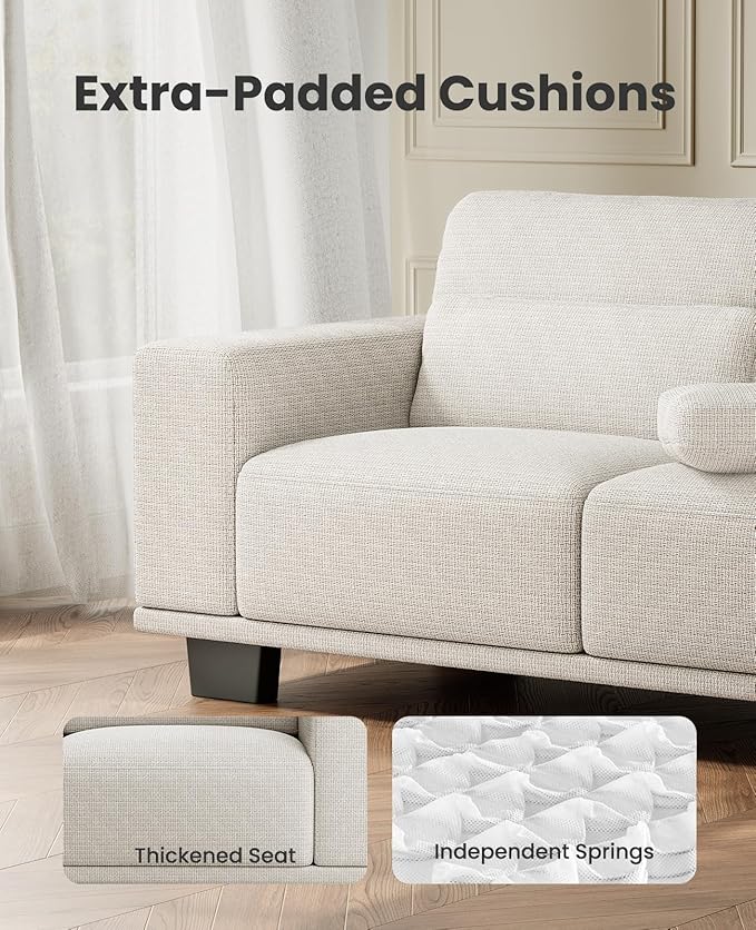 Amada 65" Loveseat Sofa, 2 Seater Couch Sofa for Living Room, Modern Sofa with Wide Armrests & Deep Seats, Comfy Couch with Removable Washable Covers & Linen Fabric, Easy Assembly (White, 2 Seater)