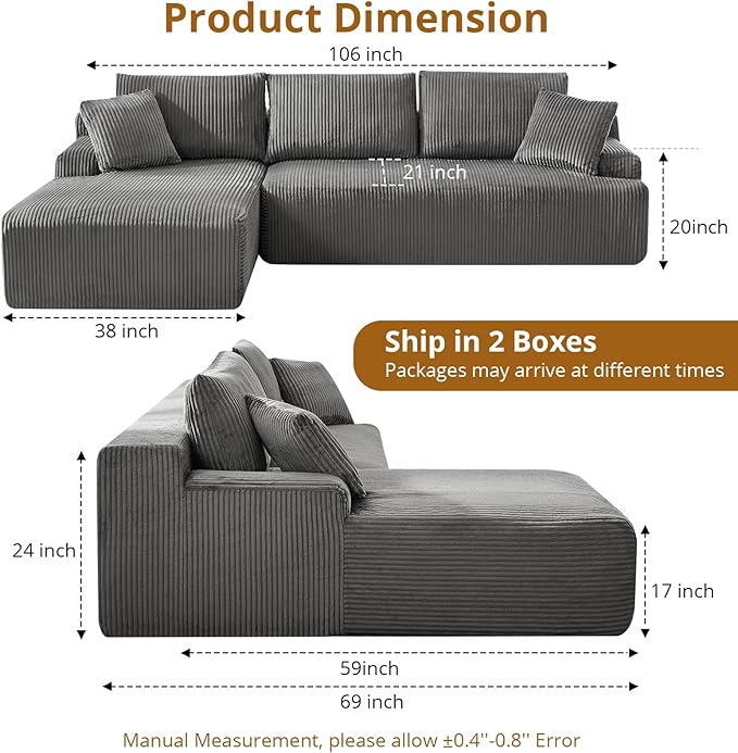 Sectional Cloud Boneless Couch 106" Modern Comfy L-Shape Corner No Assembly Required Convertible Compression Sleeper Modular Sofa with Corduroy Fabric Deep Seat Loveseat + Chaise for Living Room