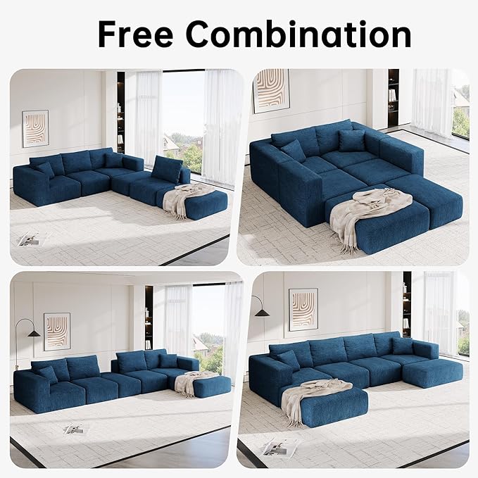 CUGOAO 152'' Oversized 2-in-1 Modular Sectional Sofa Bed, Modern Boneless Couch, Extra Deep Seat Upholstery Cloud Couch, Boneless Couches for Living Room, No Assembly Required, Blue Chenille
