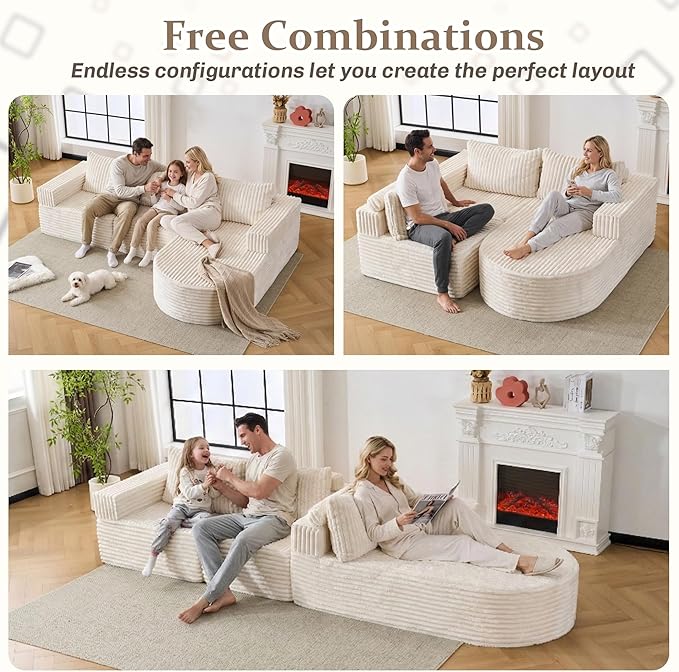 103”Boneless Couches for Living Room, L-Shaped Modular Sectional Sofa with Chaise, Modern Corduroy Cloud Couch with Deep Seat, Comfy Sponge Compression Convertible Sofas