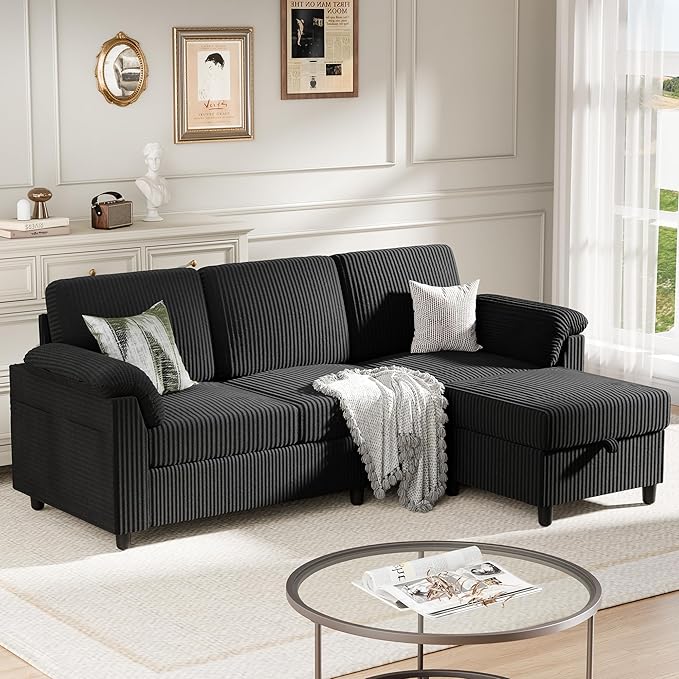 Meilocar Sectional Sofa Couch for Living Room, 79" Sectional Couches with Ottoman, L Shaped Couch with Armrests Side Storage Pockage, 3-Seat Sofa Couches for Apartment, Black