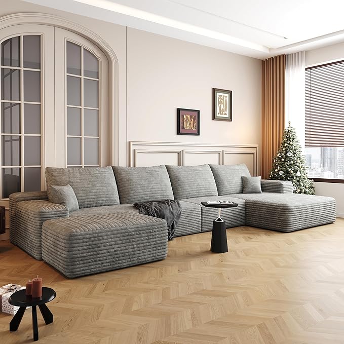 136" Sectional Couches for Living Room Cloud Couch Sofa with L-Shape Upholstered Boneless Couchs Modern Modular Sectional Couch with Chaise (Grey, 136" Right Facing Chaise+3Seaters+Ottoman)