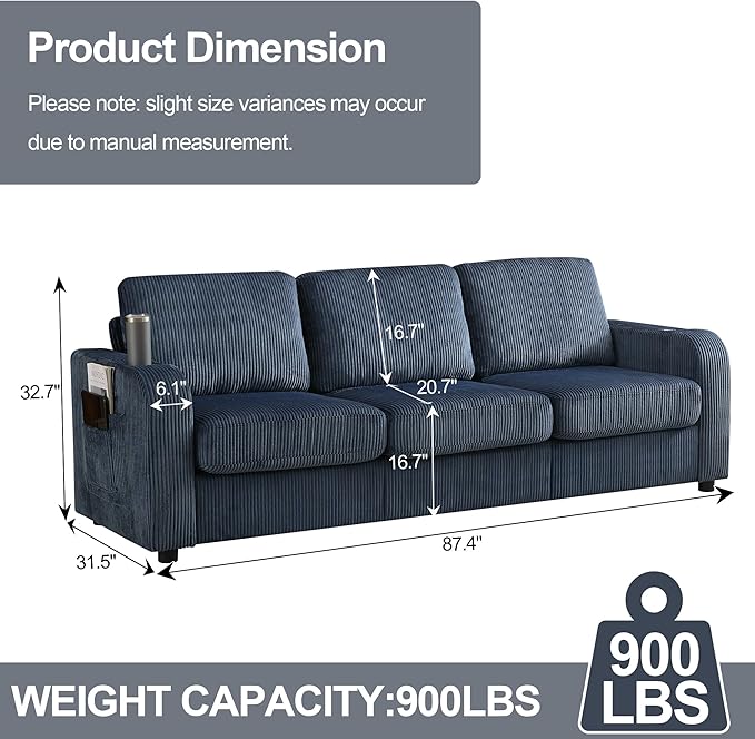 87.4" Oversize 3 Seater Couch,Modern Upholstered Sofa for Living Room, Deep Seat Comfy Loveseat Couch with Cup Holders,Corduroy Love Seat Sofa (Blue)