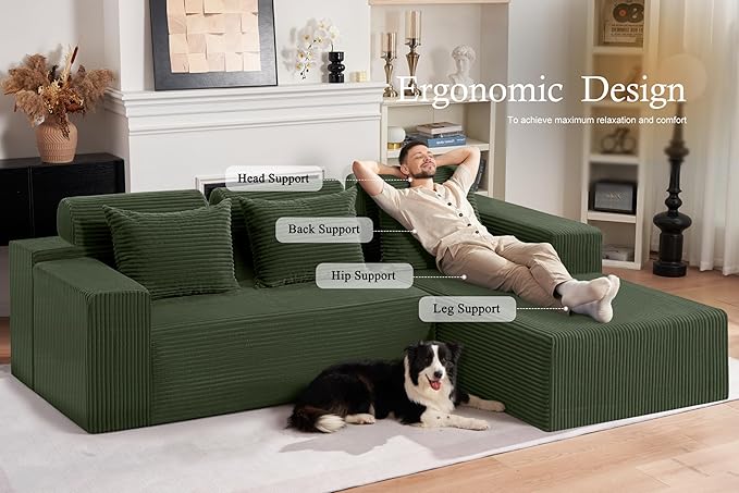 HABUTWAY Sectional Couches for Living Room,No Assembly L Shaped Couch 105" Modular Sectional Sofa Couch with Deep Seat,Cloud Couches Furniture Sets for Apartment,Corduroy (Green, Right Facing)