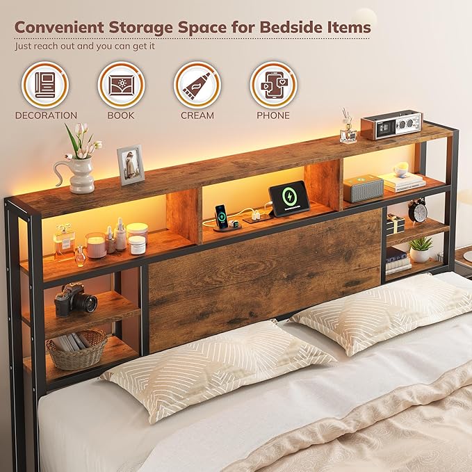 Homkdom King Size Bed Frame with Storage Headboard, LED Lights & Charging Station Heavy Duty Metal Platform Bed for Bedrooms, 1100 LBS Capacity, No Box Spring Needed, Easy Assembly，Vintage Brown