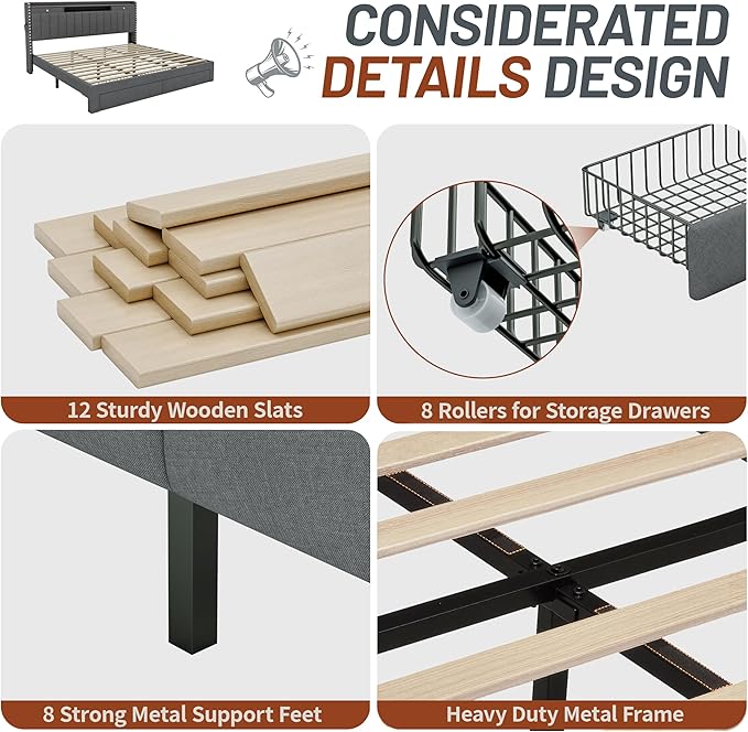 CypBed King Size Bed Frame with 4 Storage Drawers, Upholstered Platform King Bed Frame and Headboard, 3 USB & Type-C Charging Ports, Solid Wood Slats, No Box Spring Needed, No-Noise, Dark Grey,Gifts