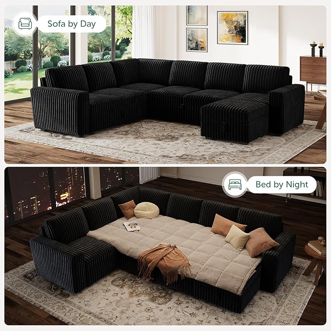 HONBAY Modular Sectional Sleeper Sofa with Pull Out Bed,Corduroy U Shaped Couch with Storage, Sectional Couches for Living Room,Black