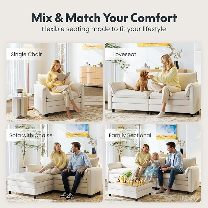 FLEXISPOT SF6 L-Shaped Cloud Sectional Couch with Storage Ottoman, 3-Seater Modular Sectional Sofa, 100.4" Wide Comfy Upholstered Sofa Couch for Living Room Apartment, Chenille White