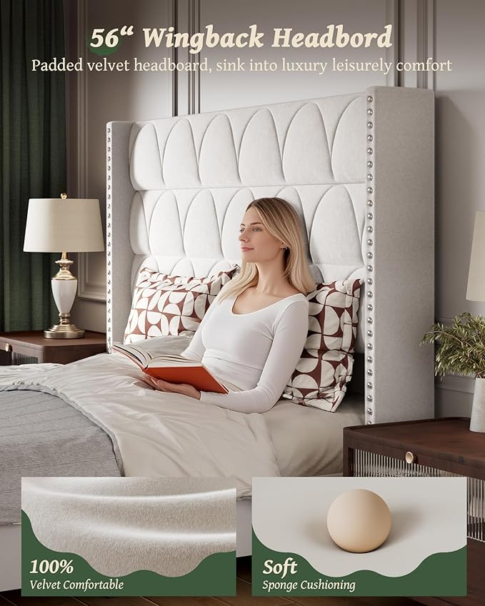 OHOHOLIVE King Size Bed Frame with 56" Headboard - Velvet Upholstered Wingback Platform Bed Frame, Noise Free, Sturdy Wooden Slat Support (Cream, King)