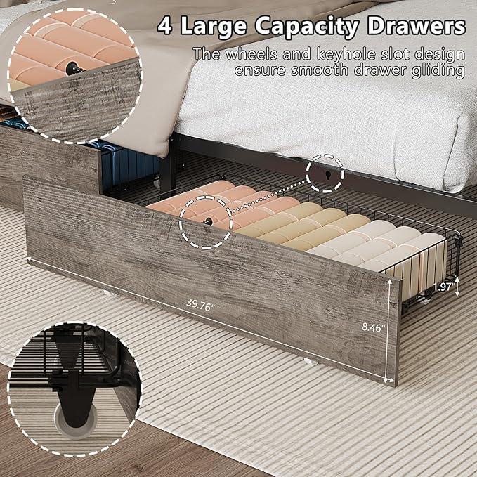 VINGLI King Bed Frame with 4 Storage Drawers and Adjustable Headboard Shelf, Metal Platform Captain Bed with Charging Station and RGB LED Lights, No Box Spring Needed, Noise Free, Wash Grey