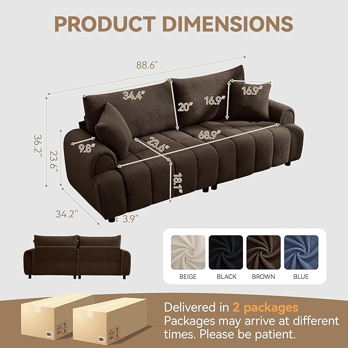 88 "Modern Boucle Sofa Couch, Oversized Comfy 3 Seater Sherpa Curved Sofas Deep Seat, Upholstered Loveseat Teddy Round Arm Couches for Living Room, Bedroom, Brown