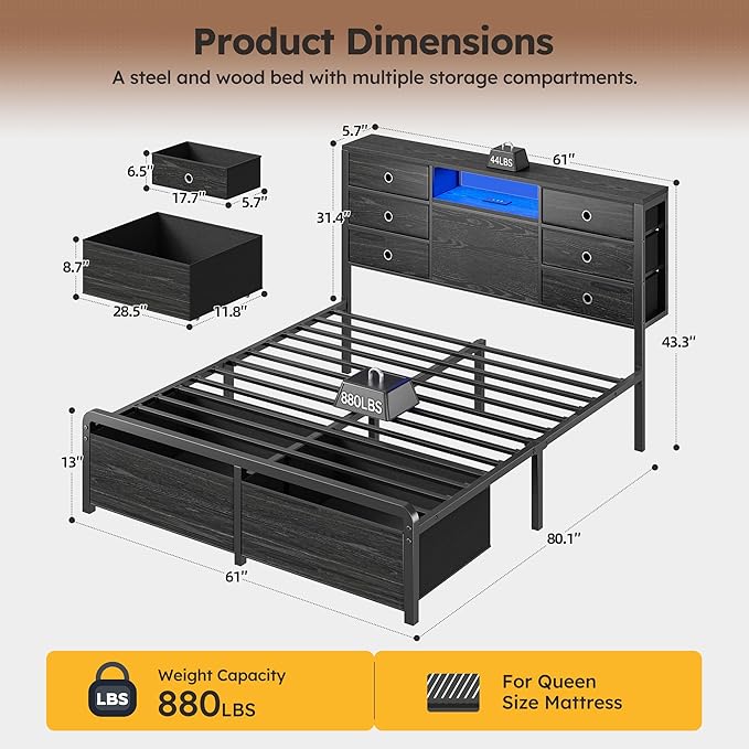 Homkdom Queen Size Bed Frame with 8 Fabric Storage Drawers, LED Lights & Charging Station, Metal Platform Bed Frame with Headboard Storage,No-Noise,Easy Assembly,Black