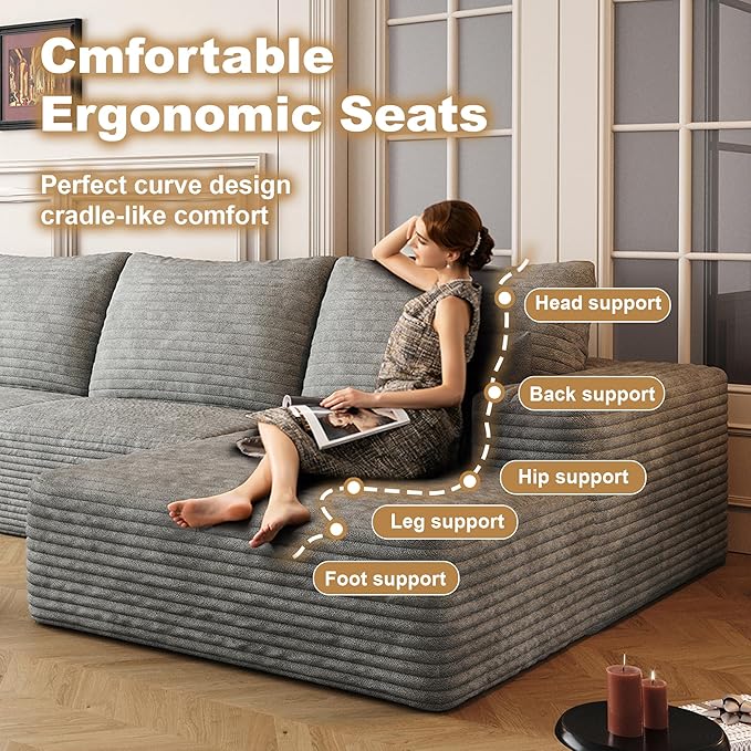 136" Sectional Couches for Living Room Cloud Couch Sofa with L-Shape Upholstered Boneless Couchs Modern Modular Sectional Couch with Chaise (Grey, 136" Right Facing Chaise+3Seaters)