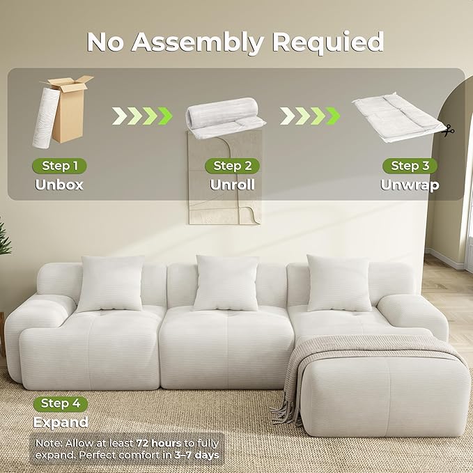 LIKIMIO LumiCord Modular Sectional Sofa with Ottoman, 118" L-Shaped Boneless Couch for Living Room, Oversized Deep Seat with Corduroy Upholstery, No Assembly Required, Beige