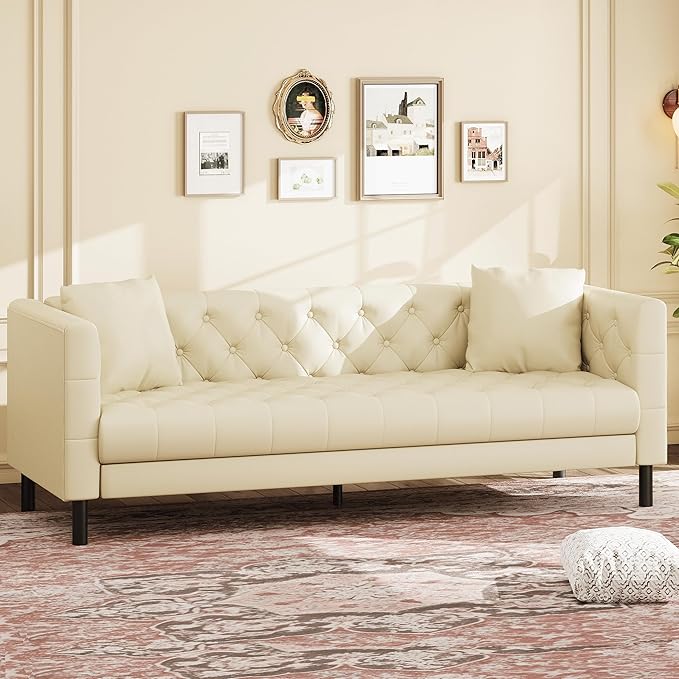 GarveeHome 81 in Leather Couch for Living Room, Modern Sofa Couch with Deep Seat and 2 Pillows, Handmade Button Tufted 3 Seater Sofa, Leather Sofa for Apartment, Office, Beige