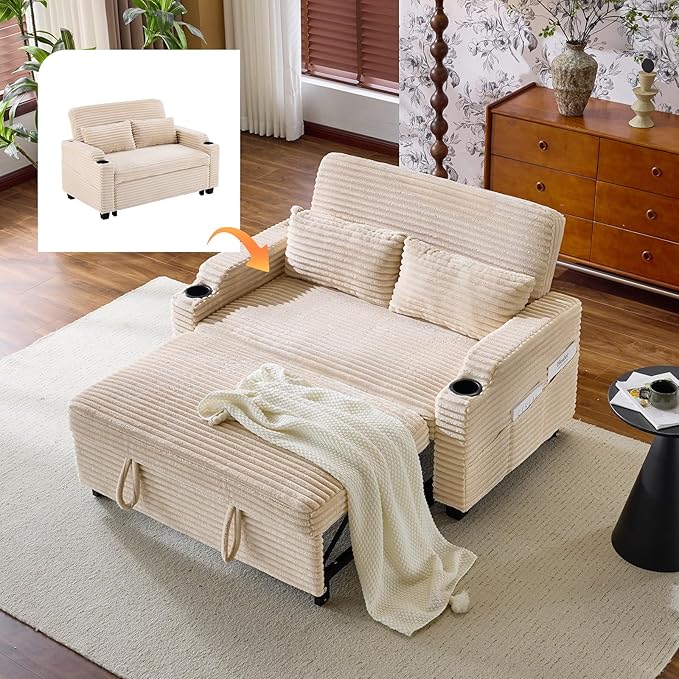 VINGLI Beige Futon Sofa Bed Convertible Loveseat Sleeper Sofa Couch, Corduroy Pullout Sofa Fold Out Couch Bed with USB Ports, Cup Holders, Armrest for Living Room, Bedroom Apartment Room | Loveseat Sleeper