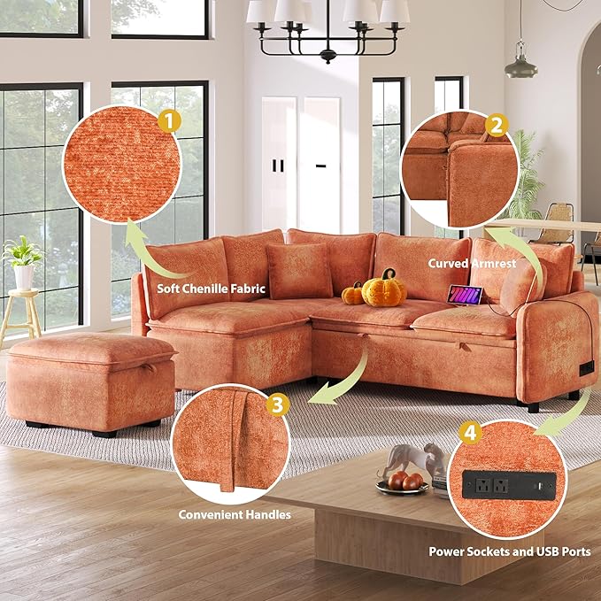 LUMISOL 82.7" Convertible Sleeper Sofa Bed with Storage Ottoman, L-Shaped Sectional Sofa with Pull Out Bed, USB Ports, Chenille Sleeper Sofa Couch with Chaise for Living Room, Orange