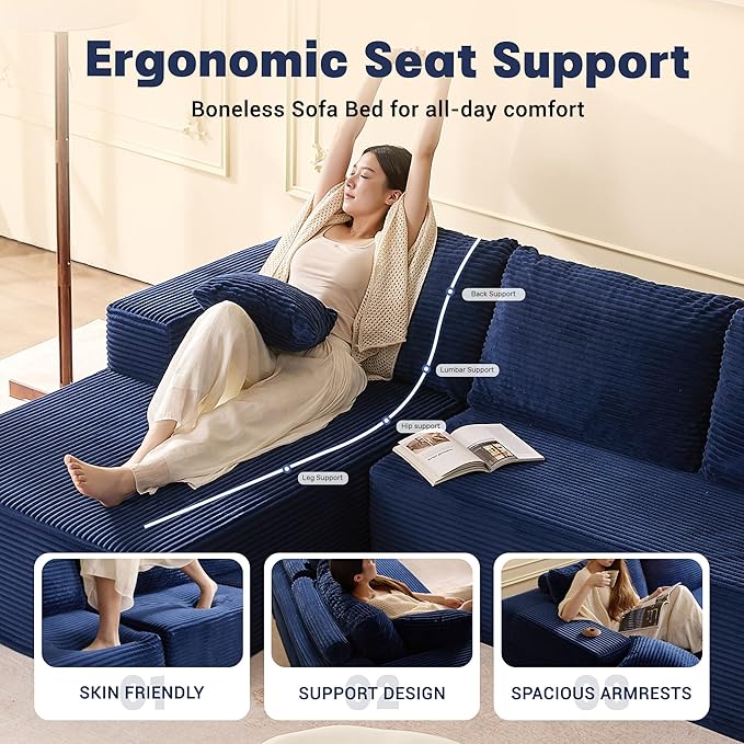 107" Boneless Couch with Deep Seat, Set of Modular Sectional Sofa, Cloud Sectional Couch for Living Room, No Assembly Required, Corduroy, L-Shape Left, Blue