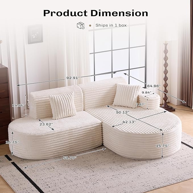 Modern Curved Boneless Sofa Couch, L-Shaped Corner Sofa, Corduroy Upholstered Cloud Sectional Couch for Living Room, Bedroom and Apartment,No Assembly Needed(Beige, Right Hand Facing)
