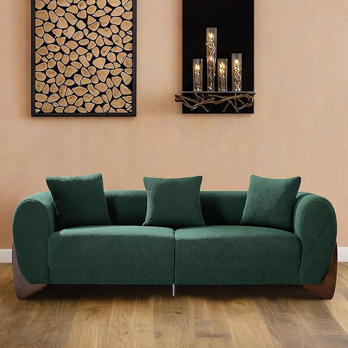 87" Sherpa Boucle Cloud Couch Modern 3 Seater Sofa with Solid Wood Legs, 25" Extra Deep Seat, Comfy Thick Cushion Upholstered Sofa Couches with 3 Pillows for Living Room, Green