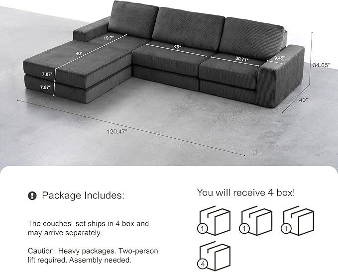 Modular Sectional Sofa, 120.47" Modern Cloud Couch Sectional Sofa with L-Shaped Chaise Comfy Corduroy Fluffy Couch with Deep Seat Boneless Couches for Living Room Bedroom,Black