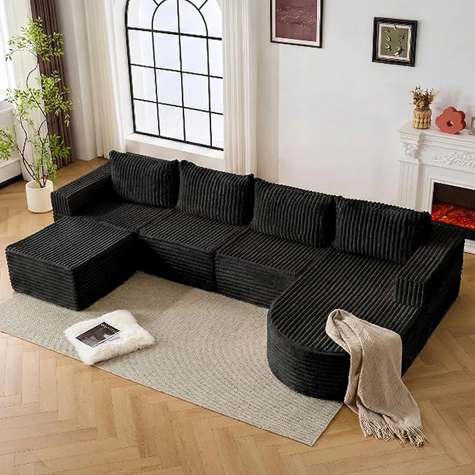 132” Boneless Couches for Living Room, L-Shaped Modular Sectional Sofa with Chaise & Ottoman, Modern Corduroy Cloud Couch with Deep Seat, Comfy Sponge Compression Convertible Sofas