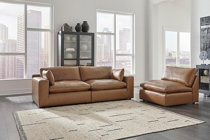 Signature Design by Ashley Emilia Modern Leather Match 3-Piece Sectional Sofa with Loose Back Cushions and 2 Bolster Pillows, Light Brown