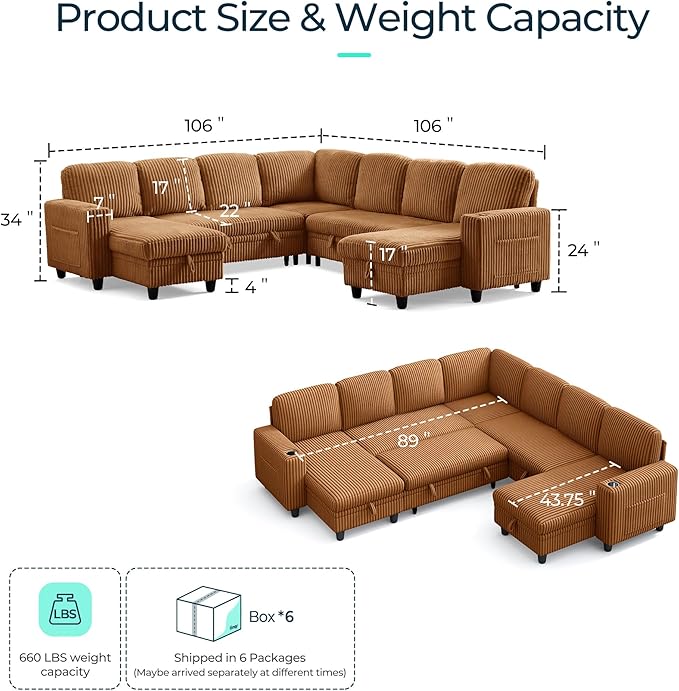 LINSY HOME Sectional Sleeper Sofa with Pull Out Couch Bed - Convertible Plush Corduroy Cloud Couches with Storage Chaise & USB Charging, Comfy Modular Couch for Living Room, Brown