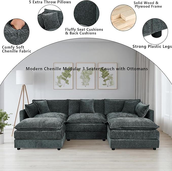 Setawix Deep 3 Seater Couch with Ottomans,112.2" U-Shaped Cloud Couches for Living Room,Chenille Cloud Sofa Couch with Deep Seat,Modular Sectional U Shape 3 Seat Sofa for Bedroom (Grey, 3+2)