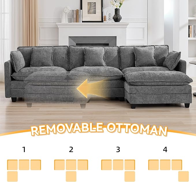 111'' Sectional Cloud Deep Seat Couch, Modern Comfy Chenille L Shaped Sectional Sofa for Living Room Set, Upholstered Modular 4-Seats Sofa Couch with 1 Movable Ottoman, Grey