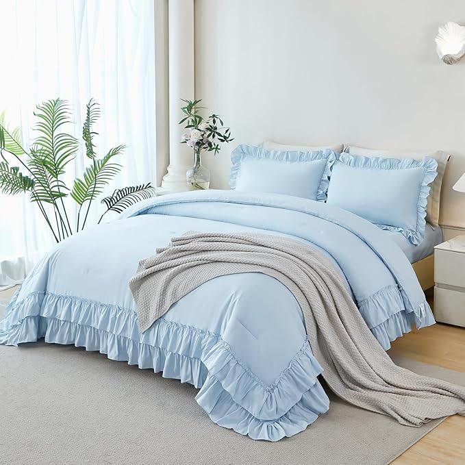 ANGIYUIN Light Blue Ruffled Comforter Set Twin 5Pcs Double-Layer Ruffle Girls Bed in A Bag Soft Lightweight Farmhouse Bed Sets Shabby Fluffy Comforter with Sheets for Kids Girls(Light Blue Twin)
