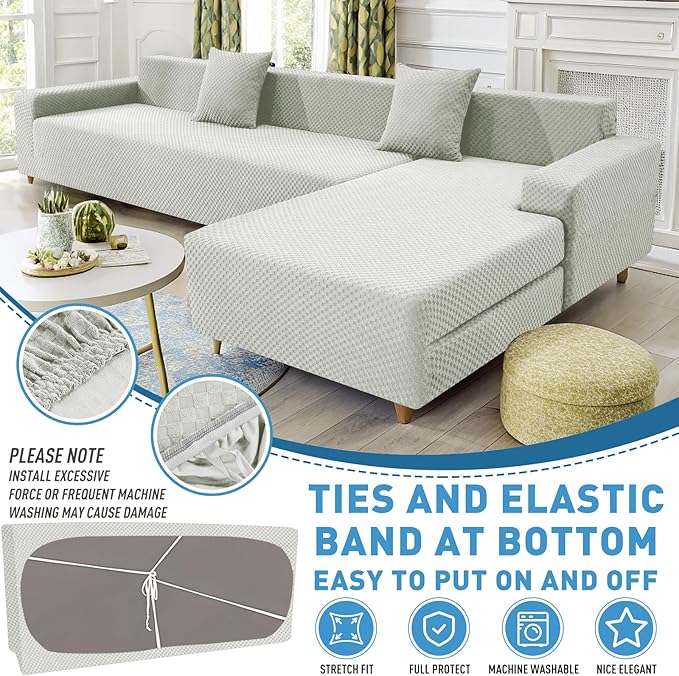 ZNSAYOTX Sectional Couch Covers, Stretch Jacquard Slipcovers with Elastic Bottom for L-Shape Sectional Sofa, 2 Pcs Pet Friendly Comfort Modular Sofa Protector (3 Seat Couch + 3 Seat Chaise, Ivory)