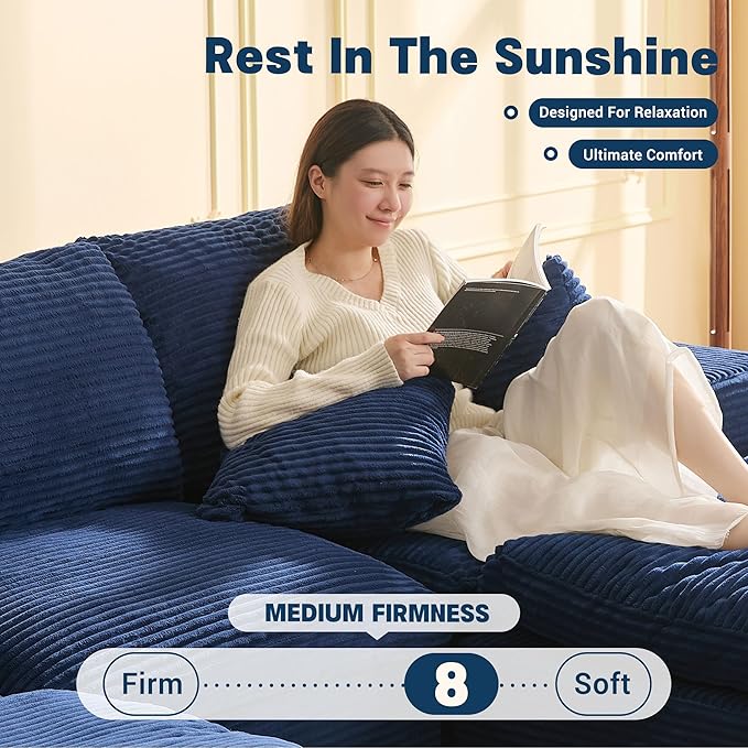 106.3” Sectional Couches for Living Room, Set of Cloud Couch, Modular Sectional Sofa, Convertible Sofas Bed, Deep Seat Sofa, L Shaped Cozy Sofa Furniture Set, Corduroy, Blue