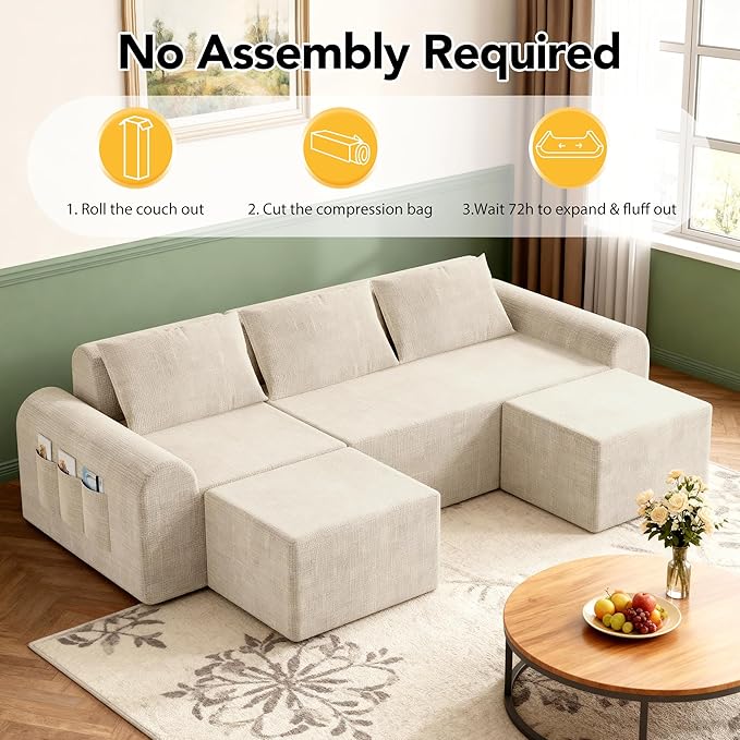 86.6" Cloud Boneless Sectional Sofa for Living Room, 3-Seater Modular Couch for Small Apartments with 2 Ottomans, Deep Seat Chenille Fabric Sofa, No Assembly, 72H Full Restore, Beige