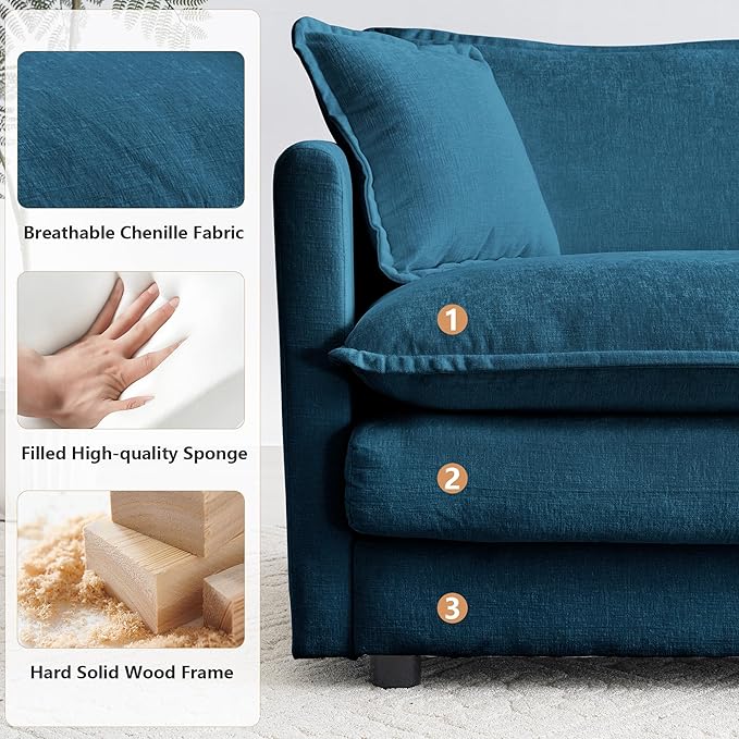 mikibama Modular Sectional Sofa, 111.5 Inch L Shaped Couch Set for Living Room, 3-Seater Comfy Cloud Couches with Movable Ottoman, DIY Combination, Chenille, Blue