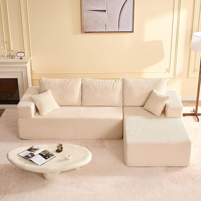 107" Boneless Couch with Deep Seat, Set of Modular Sectional Sofa, Cloud Sectional Couch for Living Room, No Assembly Required, Corduroy, L-Shape Right, White