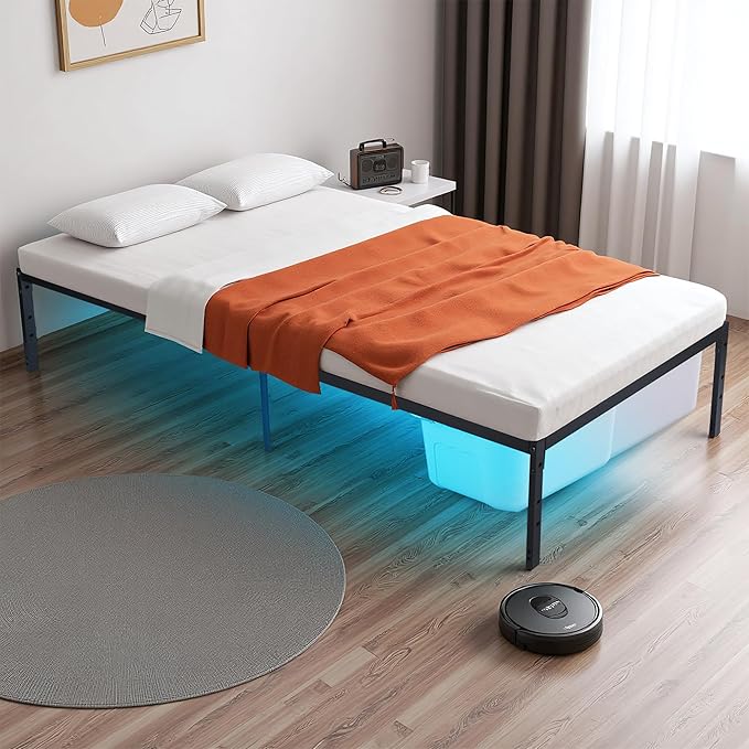 FurnitureR Modern Metal Platform Bed, Full/Twin/Single Size Bed Frame with 14.2" Under-Bed Storage, Sturdy Locking Mechanism, Easy Assembly for Bedroom or Guest Room, Black (Single)