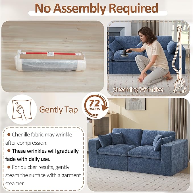 83''Cloud Boneless Sectional Couch, Modular Sectional Sofa Deep Seat, Upholstered Convertible Comfy Loveseat Chenille Memory Foam Sofa Couches for Living Room, Blue