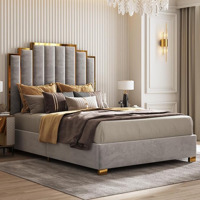 AMERLIFE Queen Size Upholstered Bed, Modern Velvet Bed Frame with 61.4” Tall Gold Trim Headboard, No Box Spring Needed, Grey