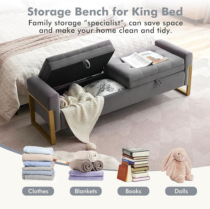 67" Storage Bench for Bedroom, End of Bed Bench King Size, Double Lids Ottoman Bench with Golden Legs Foot of Bed, Upholstered Velvet Storage Bench for Window Living Room Entryway, Dark Grey