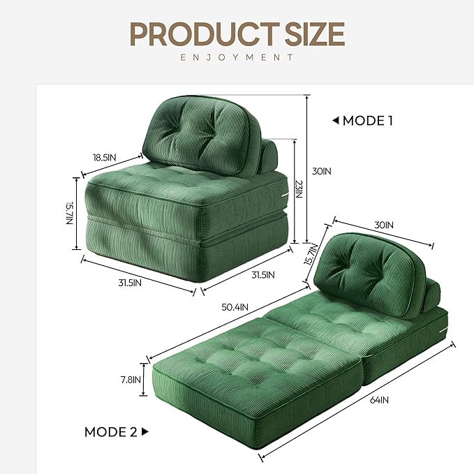 Dowinx Folding Sofa Bed with Pillow, Convertible Comfy Couch Bed for Adults Home Lounge and Gaming, Modern Comfortable Design for Apartment Living Room Bedroom, Single, Ribbed Velvet, Green